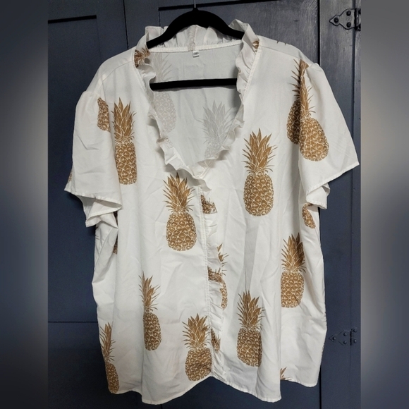 Tops - White Polyester Blend Shirt with Pineapple Print and Ruffle Neck - Size 5XL